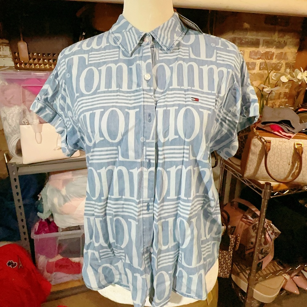 Tommy Hilfiger logo covered blue shirt top short sleeves buttons up pocket NWT